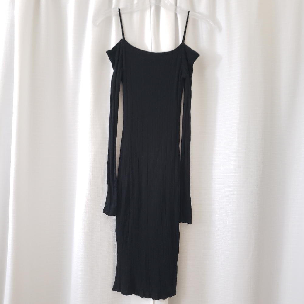 Small Black Bead Black Longsleeve Bodycon Midi Dress